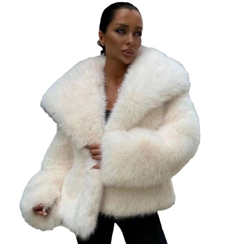 Winter Oversize Lapel Collar Faux Fur Jacket Women Short Fox Fur