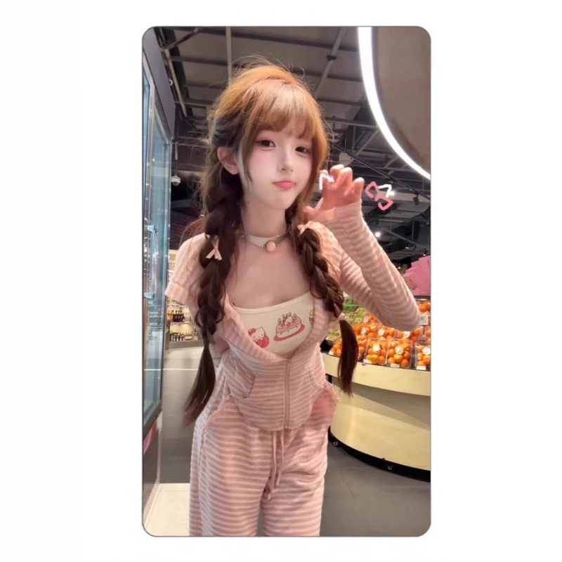 [Factory Ready Stock] Cool Silk Cotton Threaded Pink Bunny Ears Hooded Cardigan Suit Casual Lazy Two-Piece Set