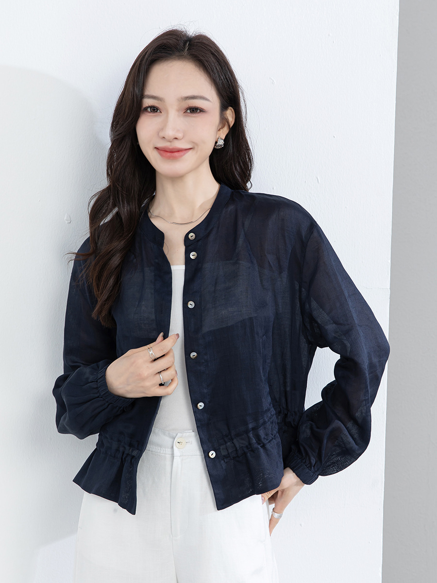 Áo sơ mi nữ tay ngắn cổ đứng viền lá sen, dáng rộng suông — màu xanh navy
