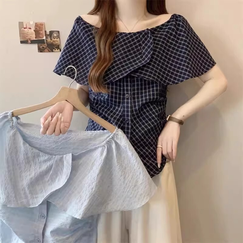 Forever 21 Unique Ruffled Blue Plaid Off-Shoulder Short-Sleeve Shirt for Women, French Retro Waist-Cinching Elegant Top