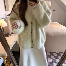 韩系软糯绿色水貂绒针织开衫女秋冬高级感宽松加厚慵懒风毛衣外套