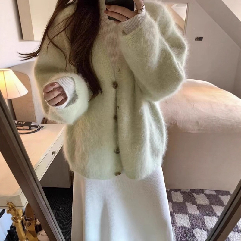Korean-Style Soft Green Mink Velvet Knitted Cardigan for Women, Autumn and Winter, High-End Loose Thick Lazy Style Sweater Coat