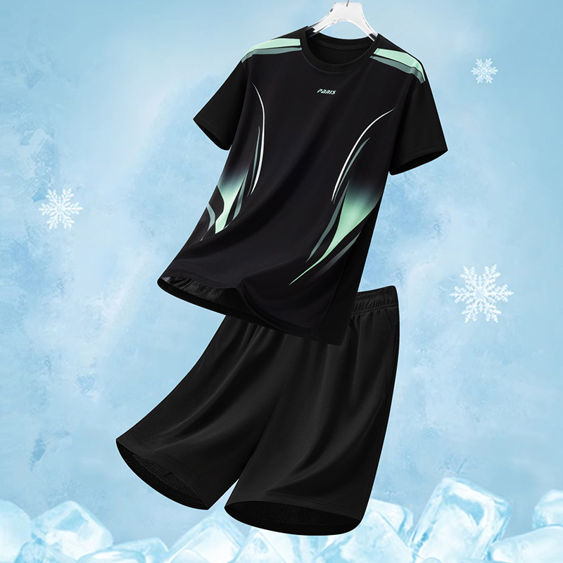 Sports Suit Men's Ice Silk Quick-Drying Clothing Fitness T-Shirt Running Short-Sleeved Shorts Summer Badminton Training Clothing