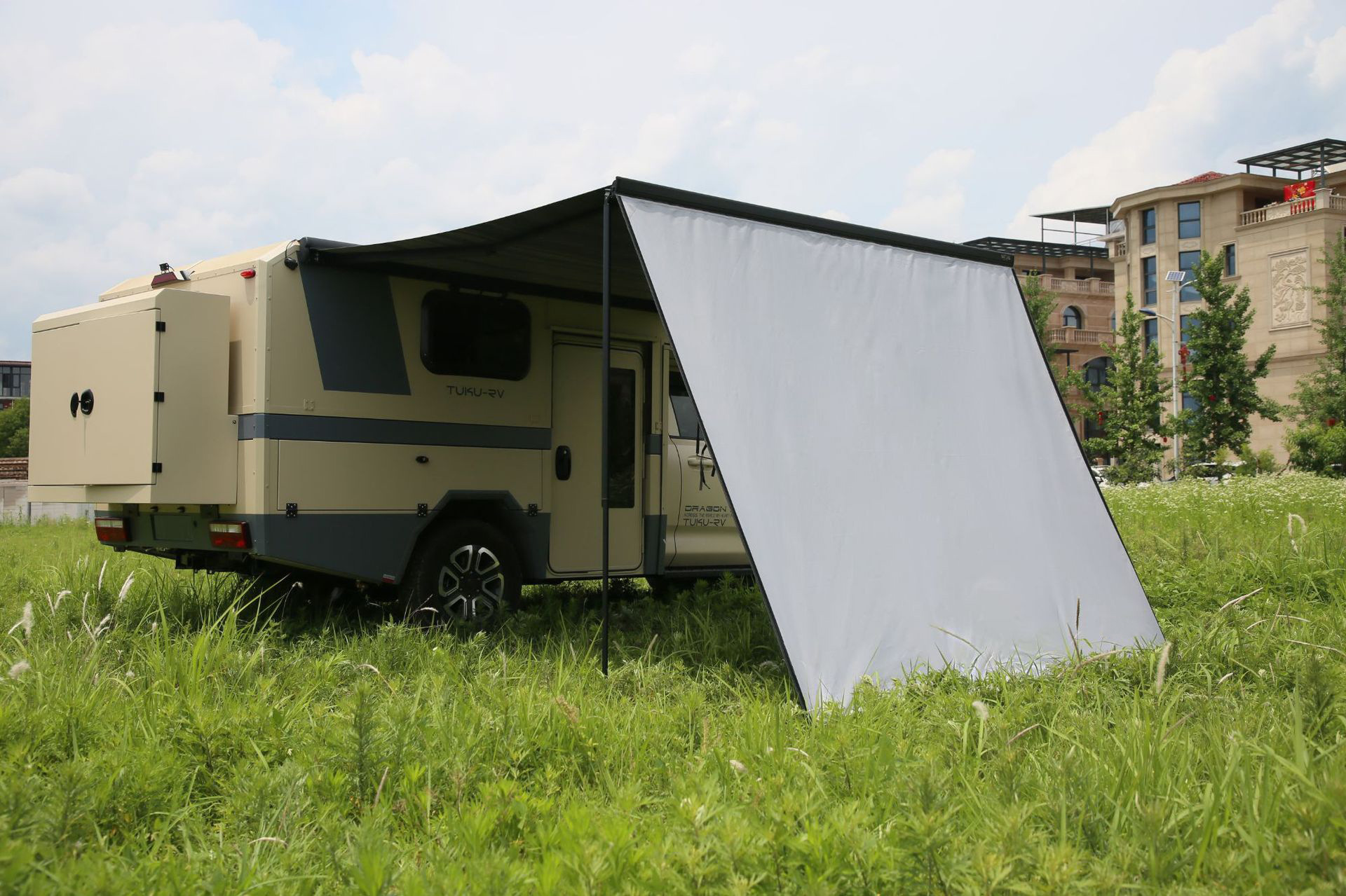 Source factory outdoor black vinyl canopy camping tent RV side expansion awning fabric, main fabric, side fabric wholesale