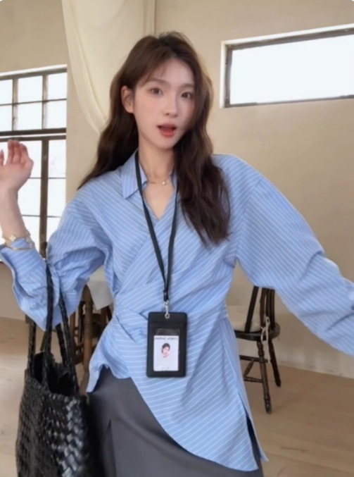 東大門韓国スタイルサイドレースアップウエストクロススモールラペルシャツレディース新作ストライプシャツトップシャツ|undefined