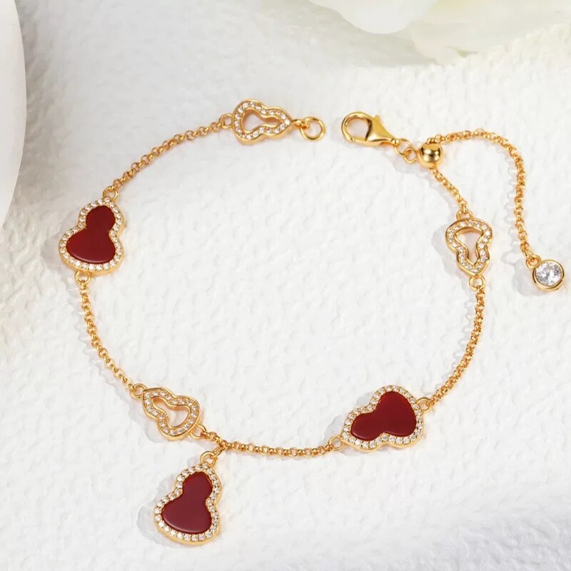 Authentic Gourd Bracelet S925 Sterling Silver Red Agate White Mother-Of-Pearl Niche Hand Jewelry Valentine's Day Birthday Gift for Girlfriend