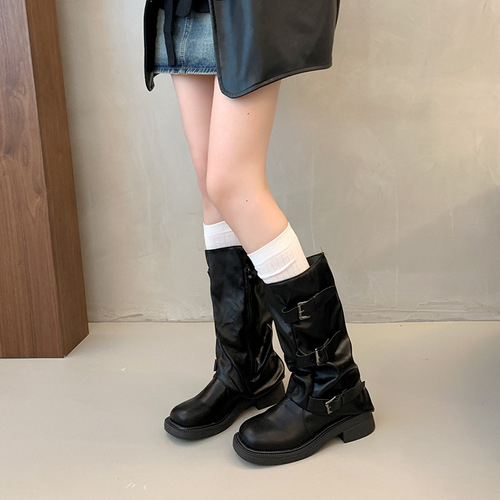 Belt buckle pleated thick sole mid-calf women's winter pants western boots Instagram trendy boots