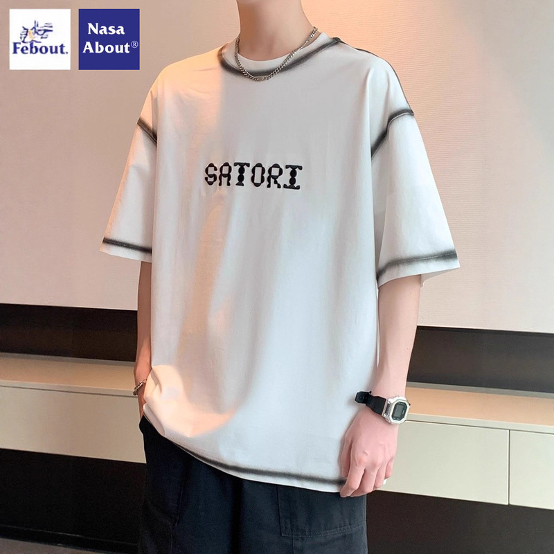 Nasa Gradient Color Short-Sleeved T-Shirt Men's Summer Trendy Brand Round Neck Half-Sleeved Loose Youth Casual Three-Quarter Sleeve T-Shirt t