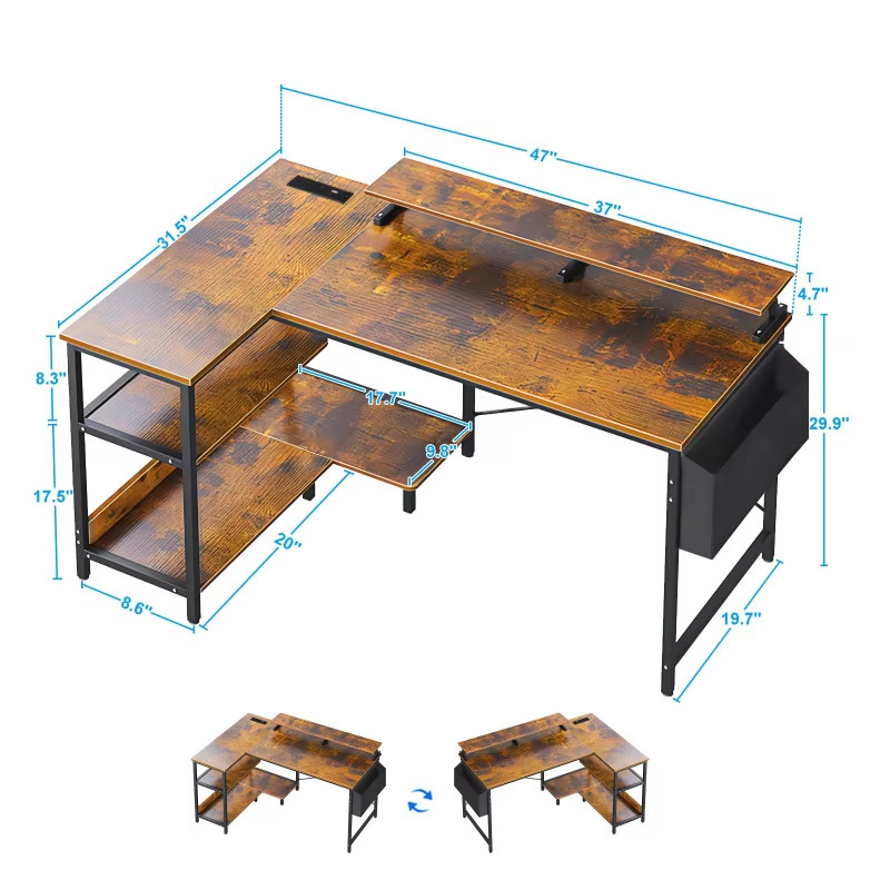 Home L-Shaped Desk with Charging Station and Storage Shelves, 47inch Corner Computer Desk with Monitor Stand