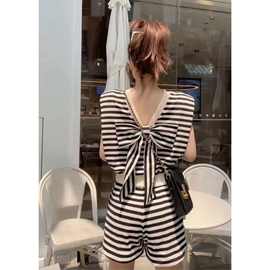 2025夏新款两面穿大蝴蝶结黑白条纹短袖T恤上衣+宽松显瘦短裤套装