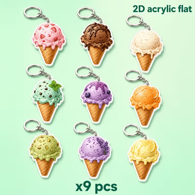 2D flat design, 9-piece set of sweet acrylic ice cream cone keychains, colorful dessert bag pendants, aesthetic 2D flat design, 9-piece set of sweet acrylic ice cream cone keychains, colorful dessert bag pendants, aesthetic