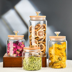 Wholesale glass sealed jar tea jar food grade transparent storage jar pull ring diamond wooden lid glass storage jar