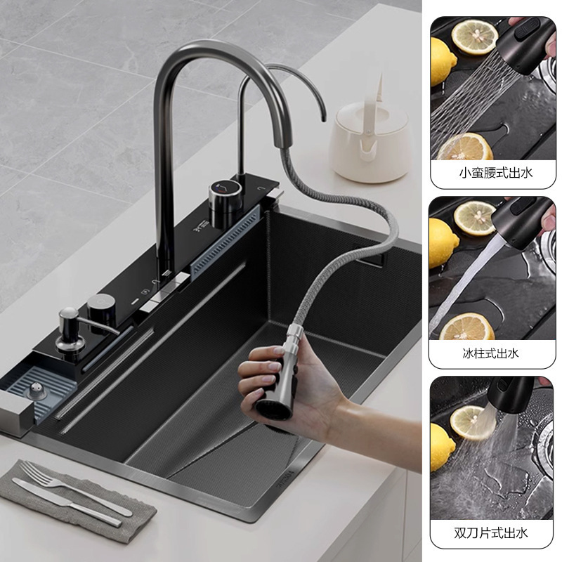 Lavabo de acero inoxidable, fregadero de cascada de lluvia de ballena, fregadero de cocina, fregadero de pantalla digital multifunción de un solo tanque grande de acero inoxidable