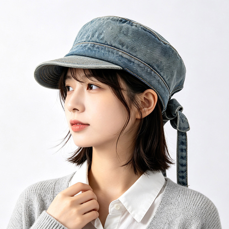 여성 데님 스타일 베레모 가을 겨울 빈티지 리본 모자 얼굴이 작아 보이는