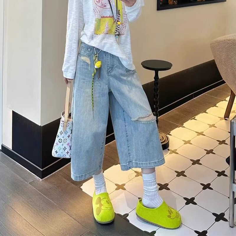 Summer New 2025 Plus-Size Pear-Shaped Body Ripped Cropped High-Waisted Slimming Wide-Leg Jeans for Women Trendy