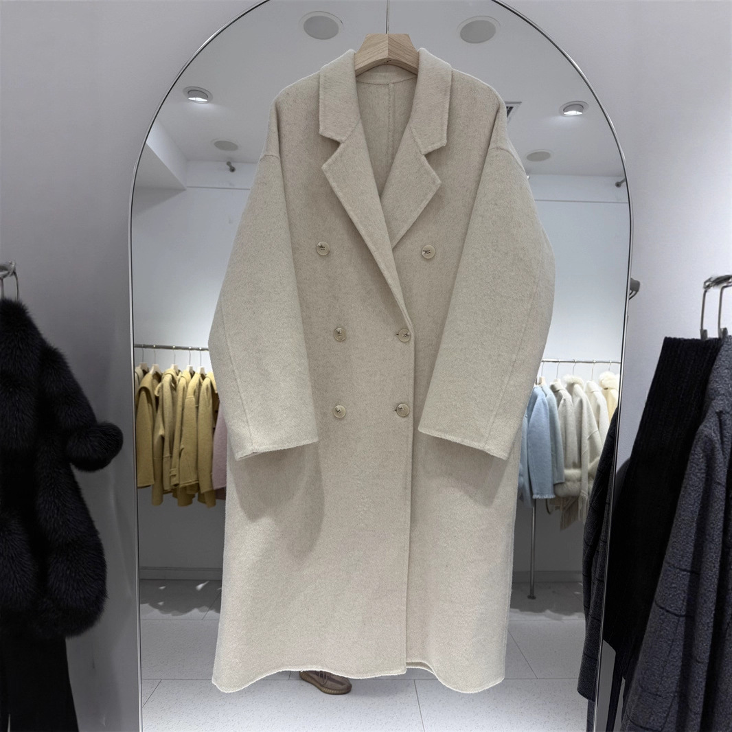 European Wool Coat for Women, Pink, Elegant, Extra-Long, Double-Sided Woolen Coat, 2025 Cocoon Design