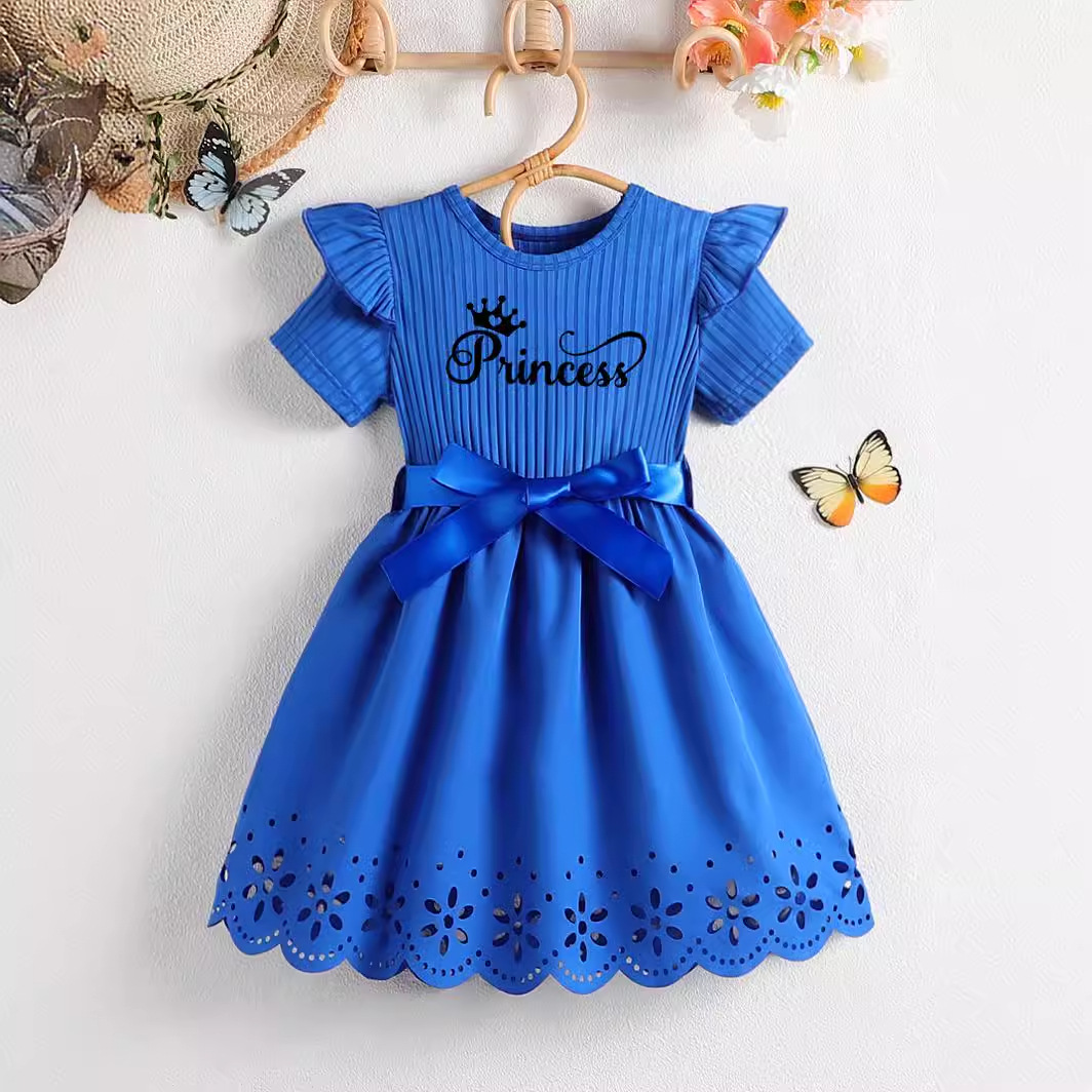 Summer New Girls' princess Letter Printed Bow Belt Round Neck Short Sleeve Hollow dress