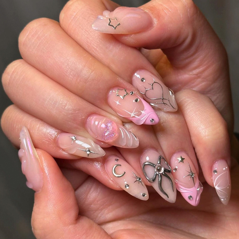 3D Bow Love Manicure Fake Nails Pink Valentine's Day French Wearable Nails Short Almond Wearable Nails
