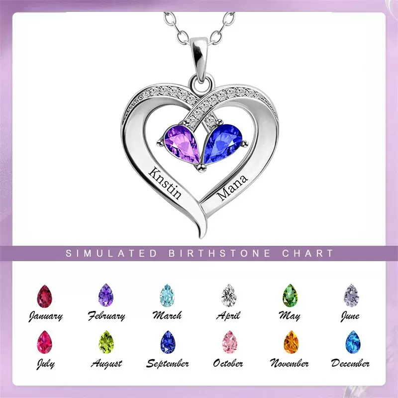 12生辰石s925银双色水滴爱心形项链欧美刻名字吊坠感恩圣诞节礼物