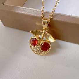 日系清新 钛钢红锆石樱桃吊坠项链 女轻奢时尚甜美锁骨链饰品批发