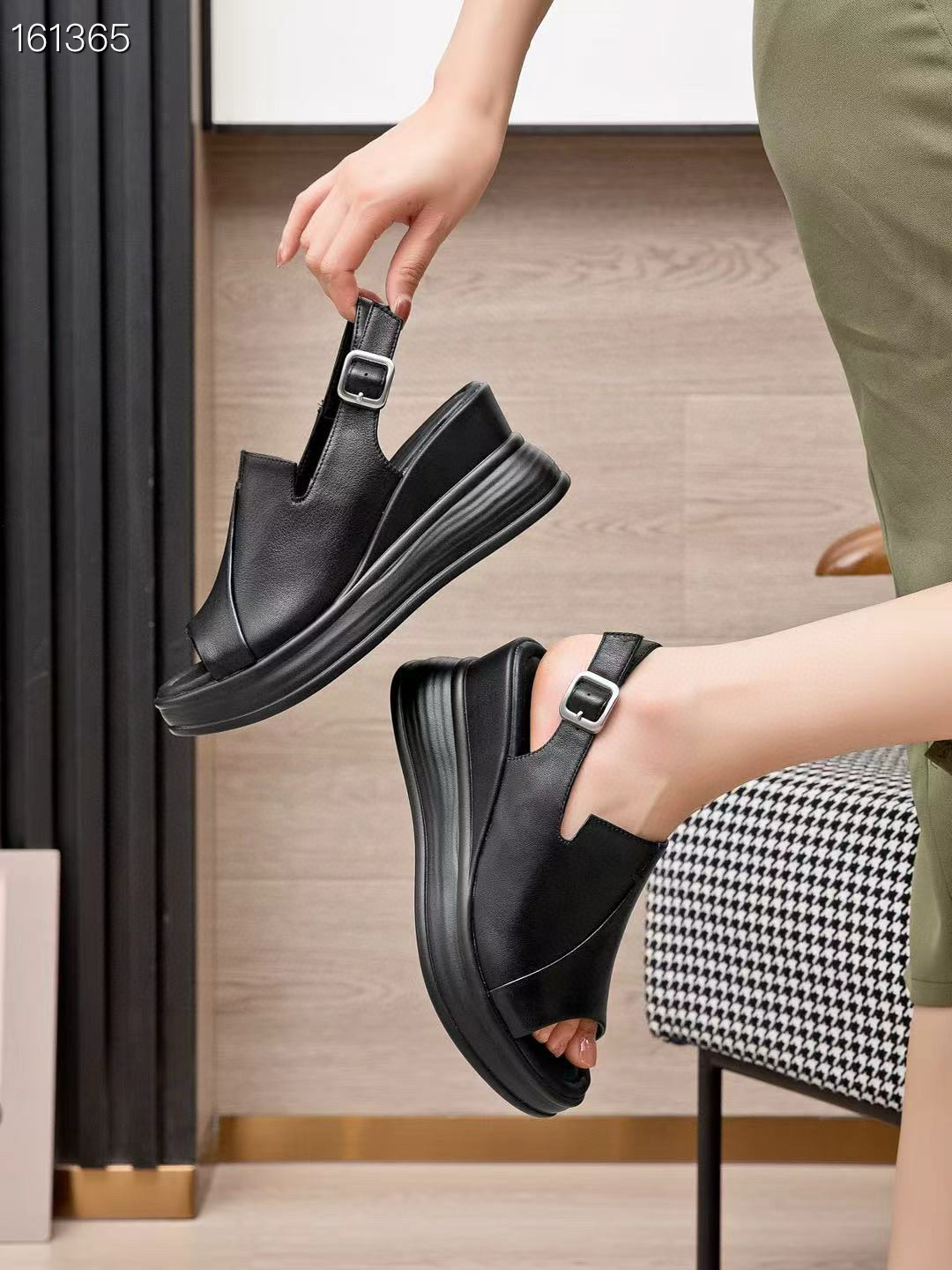 Sandal cao gót nữ đế xuồng da thật hở ngón mới xuân hè 2025 — Màu đen, Màu trắng be chi tiết 3