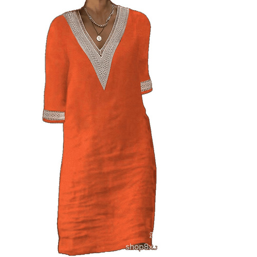 2025 New European and American Women's Fashion Independent Store Solid Color V-Neck Lace Edge Medium-Sleeve Cotton Linen Casual Dress