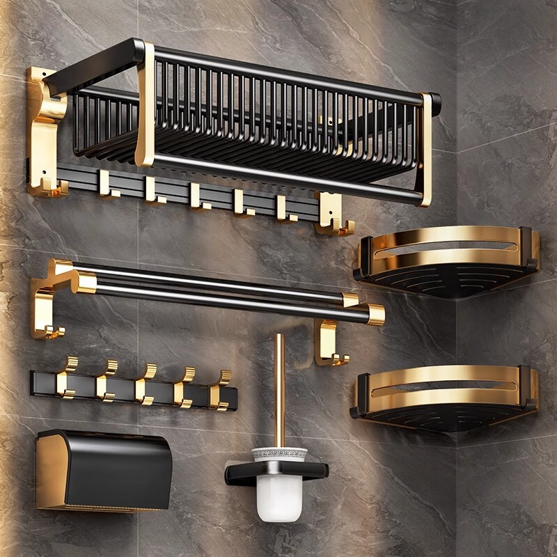 Light Luxury Black Gold Thickened Towel Rack Bathroom Non-perforated Toilet Bath Towel Bathroom Hardware Pendant Bathroom Storage Rack