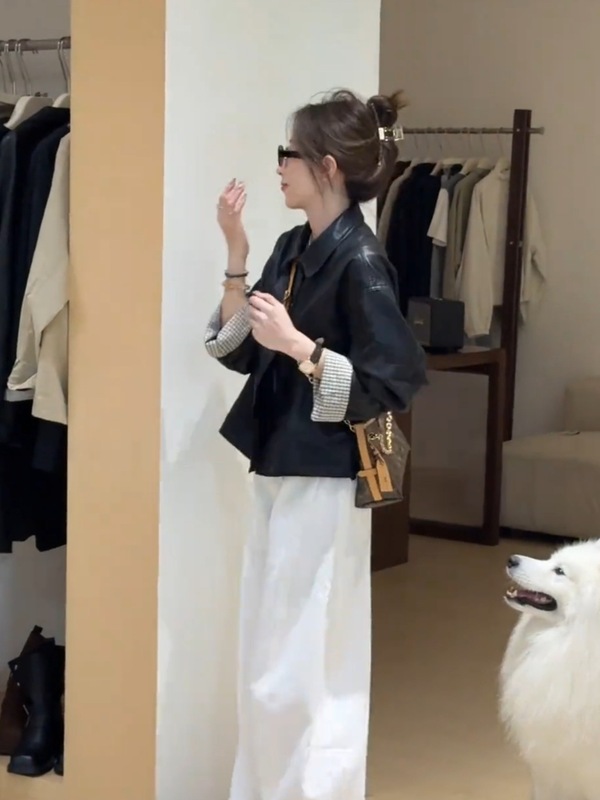 短款翻领格子拼接皮衣外套女2025秋季新款小个子时尚百搭夹克上衣|undefined