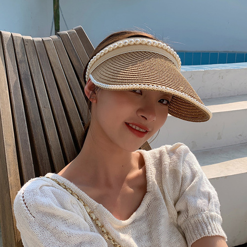 夏季新款韩版百搭出游防晒珍珠空顶帽太阳帽海边度假沙滩帽子草帽