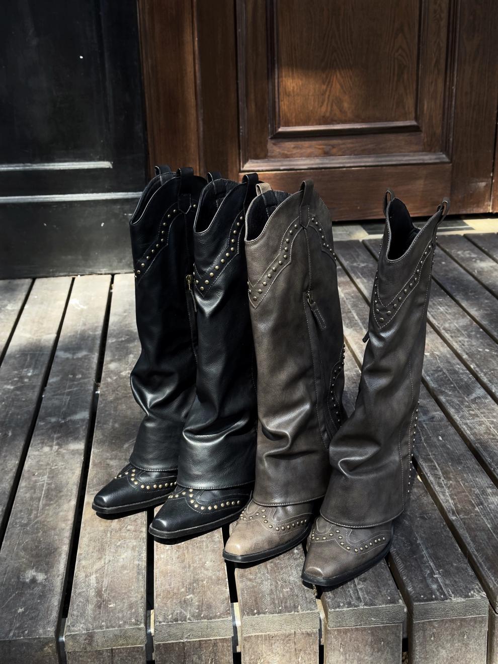 2025 Spring and Autumn Season New Pointed Rivet Trouser Sleeve Show Slim Western Cowboy Boots Thick Heel Side Zipper_voghion.com