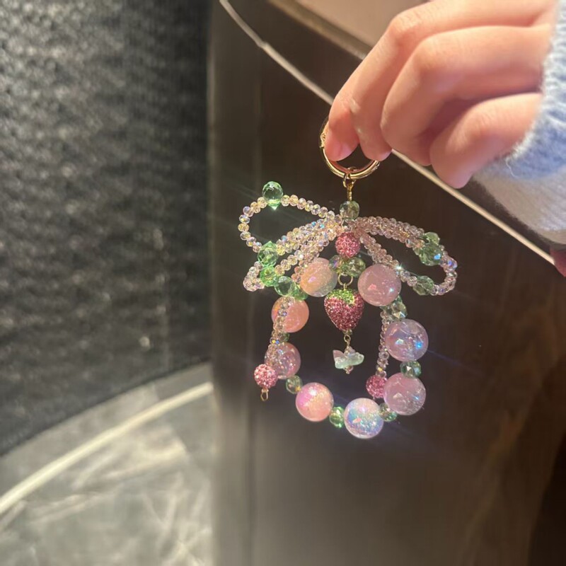 彩色水晶串珠蝴蝶结花朵手机挂件时尚甜美爱心草莓钥匙扣包包挂链|undefined