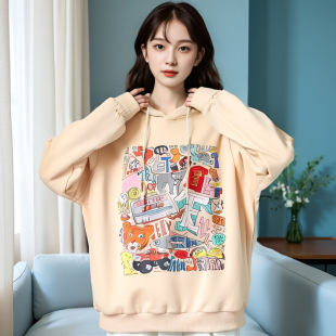 300kg oversize women's fat mm2024 autumn loose slim printed sweater fleece-lined hooded jacket