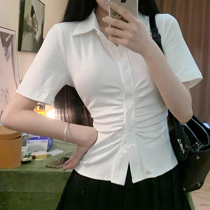 Spring and summer pure wind waist shirt women's sexy short sleeve shirt design goddess slim slim top
