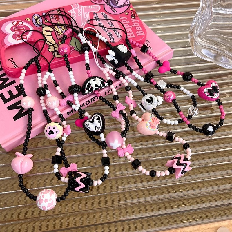 立體手繪珠珠甜酷y2k黑粉串珠手機鏈ccd相機鏈ins風明星辣妹潮女