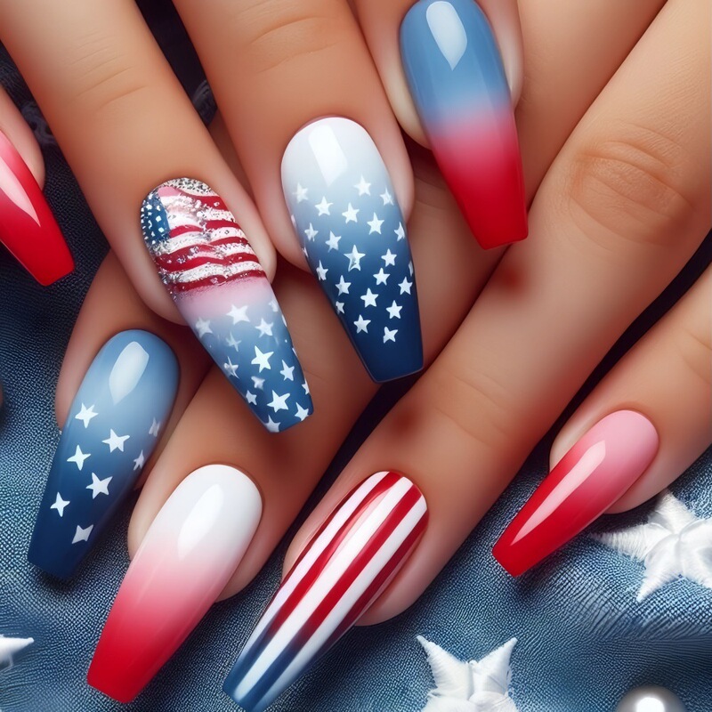 Independence Day European and American Wear Armor American Flag Stripe Design Red White Blue Long T-shaped False Nails Wholesale ED-49