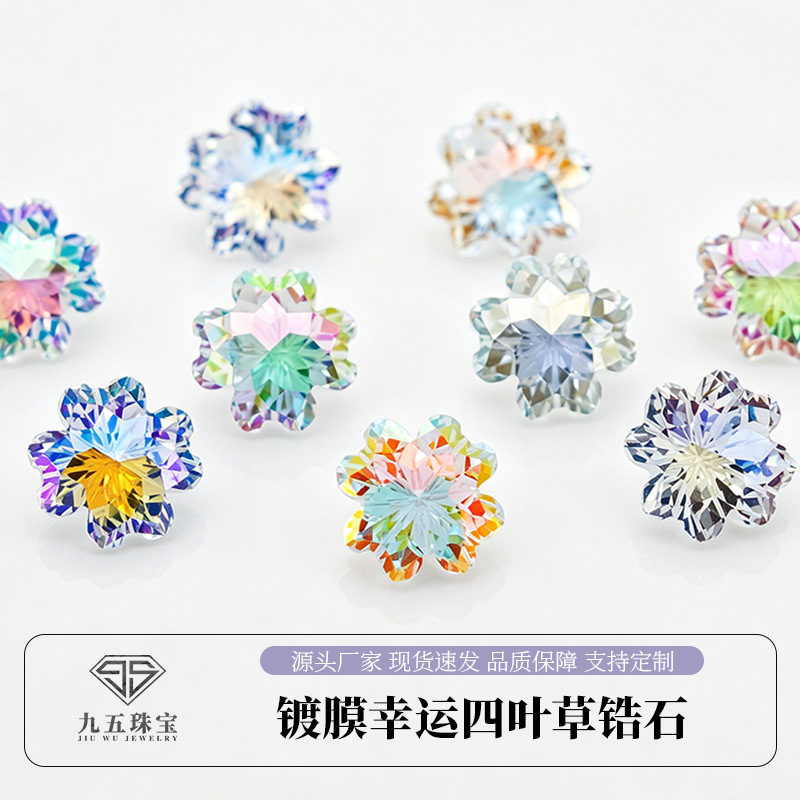 Sparkling Lucky Clover Zircon Xiaohongshu Tiktok Hot-Selling DIY Four-Leaf Clover Earrings Main Stone Loose Stone Accessories Wholesale