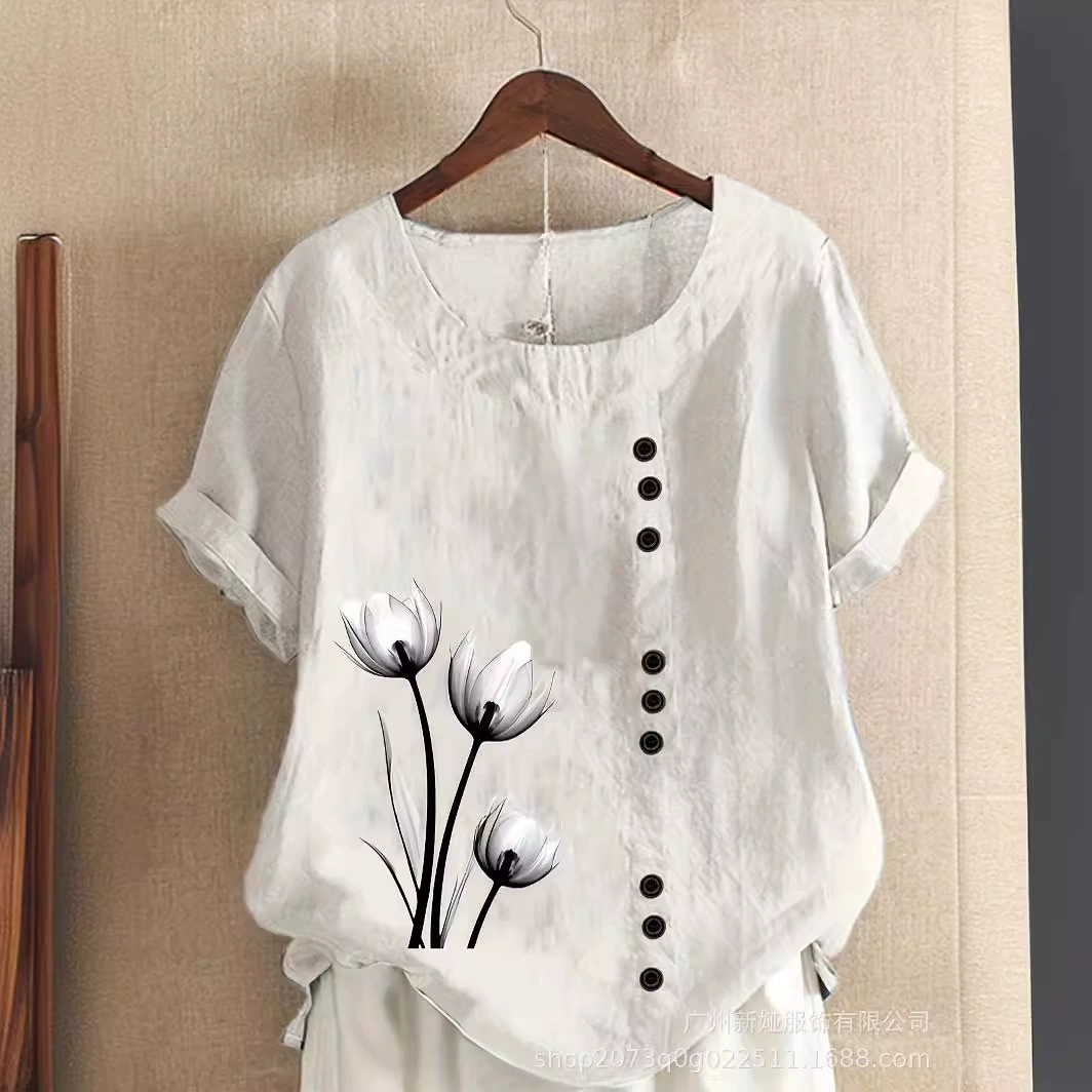 Новый стиль большого размера повседневный свободный хлопок и льна с короткими рукавами футболка вата и льна женская одежда