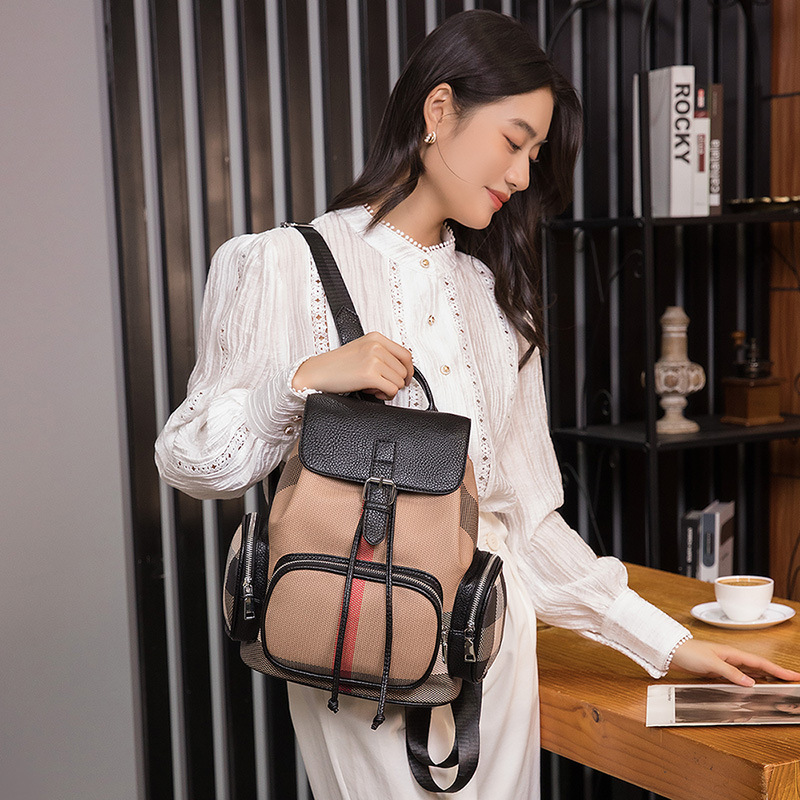 Plaid británico mochila femenina 2024 lona doble bolsillo viaje mochila bolsa cordón chica