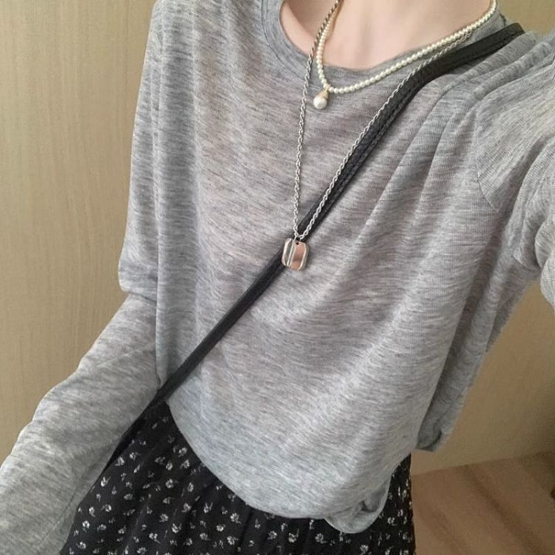 年齢軽減ソリッドカラーベーシックテンセルマスク服2025夏新作韓国風ラウンドネック万能ルーズスリムトップ|undefined