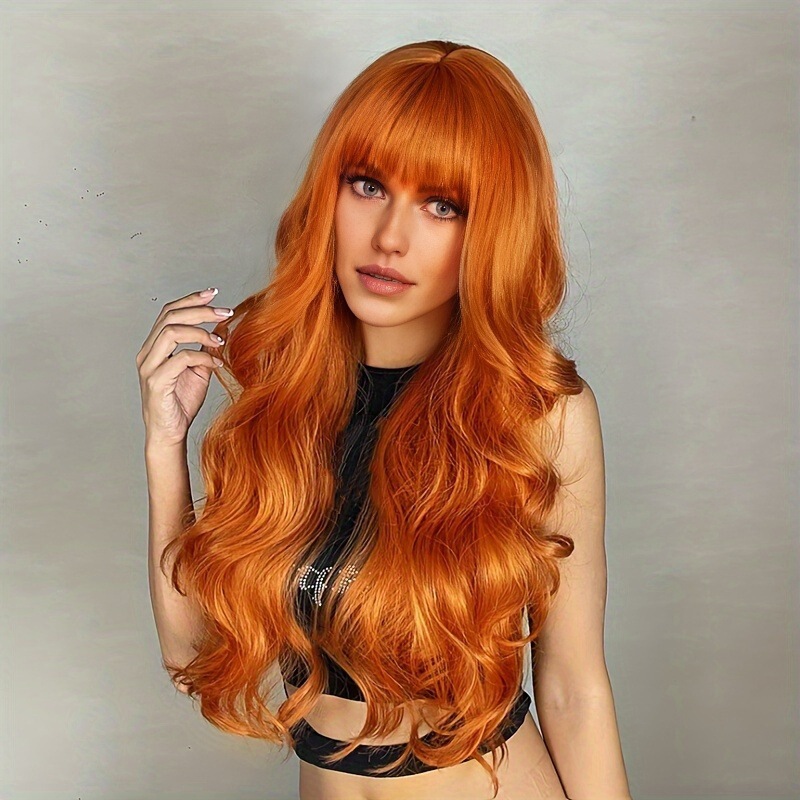 Cross-Border European and American Wig Female Orange Long Hair Big Wave Halloween Fashion Air Bangs Long Curly Hair Full Headgear Cross-Border European and American Wig Female Orange Long Hair Big Wave Halloween Fashion Air Bangs Long Curly Hair Full Headgear
