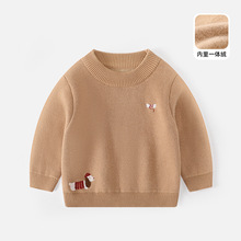 冬季一体绒打底衫男童加厚加绒针织上衣保暖套头衫儿童一体绒毛衣