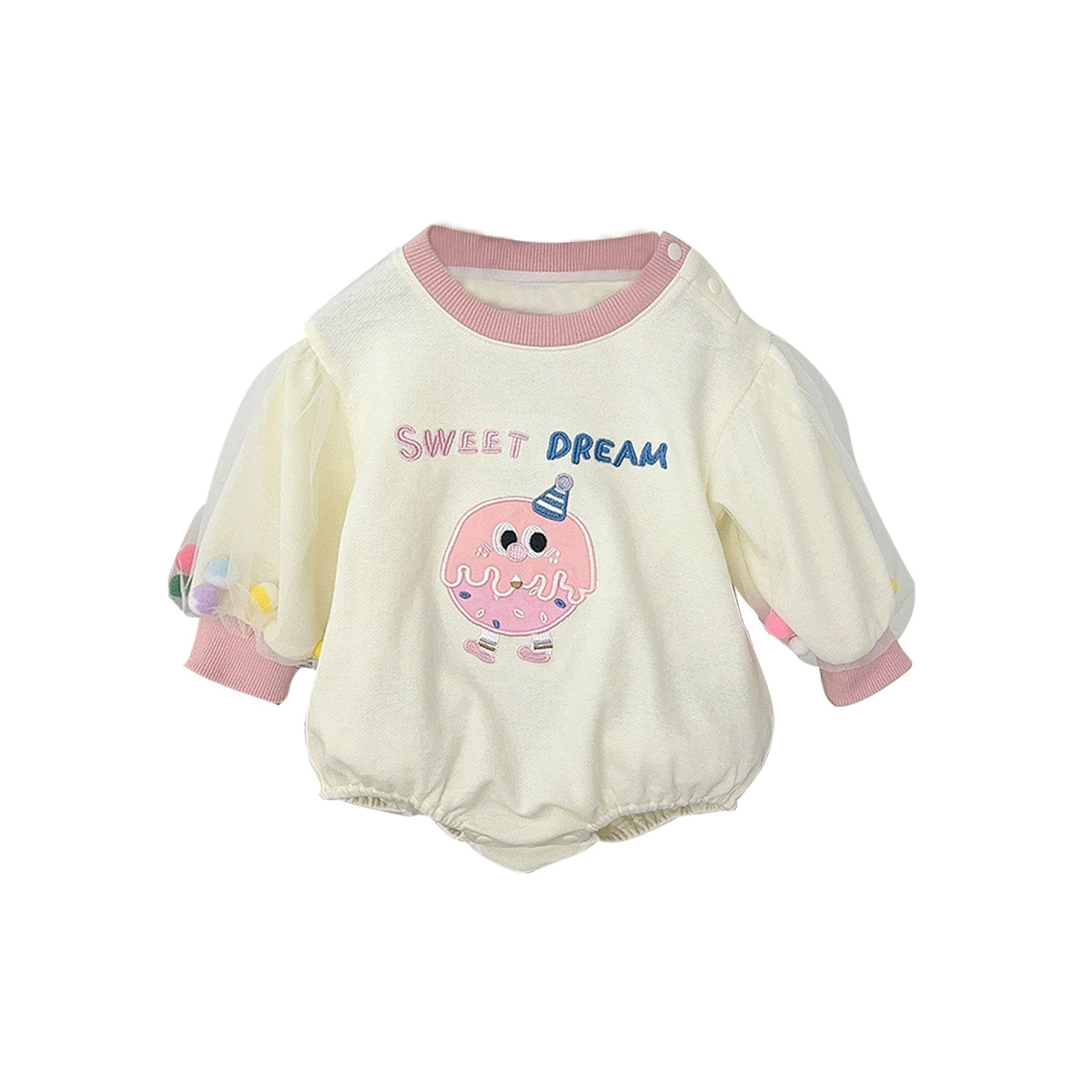 Primavera 2025 nuevo traje de escalada de bola de lana de jaula de manga de malla lindo y súper lindo bebé recién nacido abrigo de pedo femenino