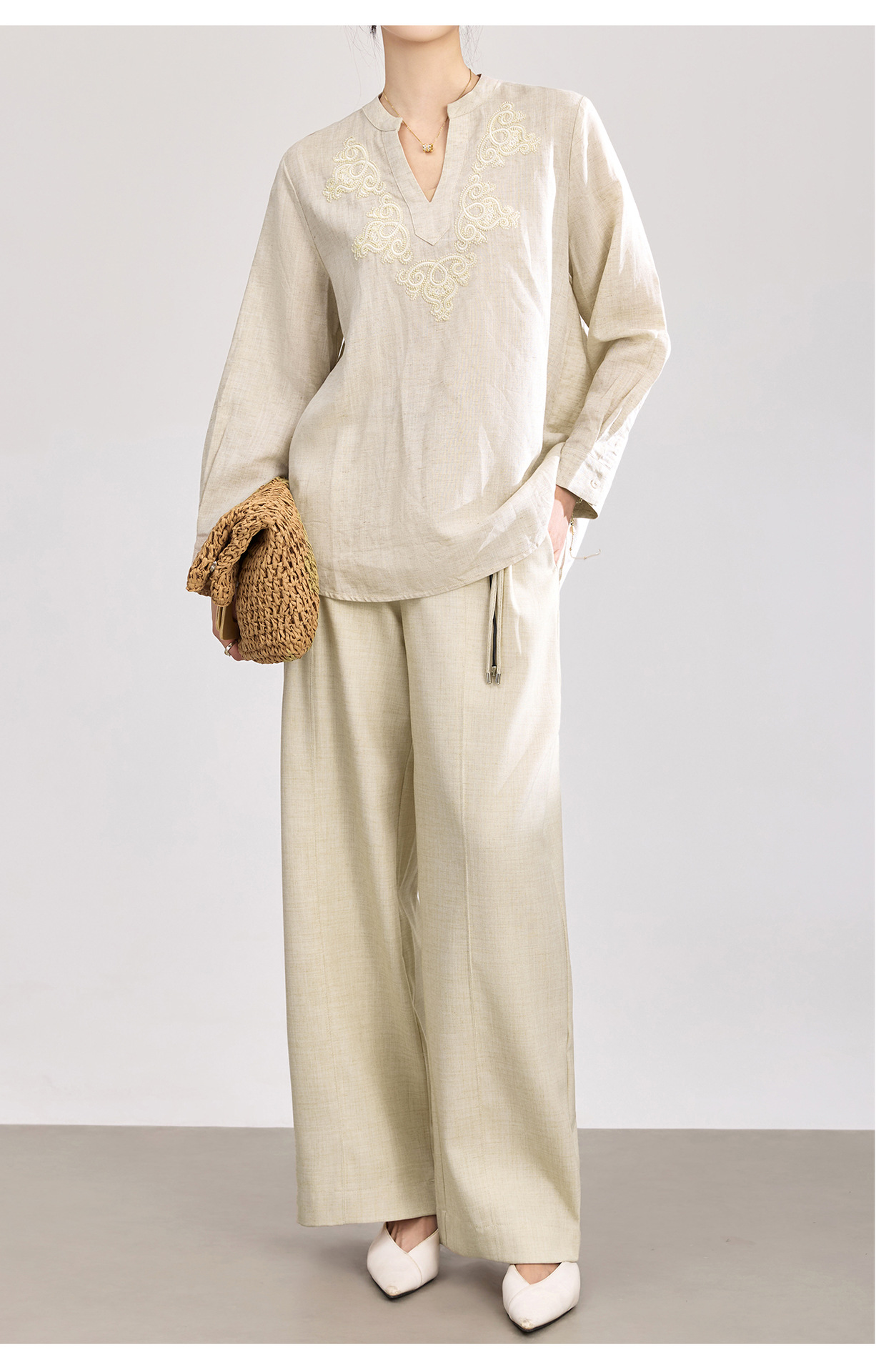 Quần culottes nữ ống rộng cạp cao kèm thắt lưng dệt bản to — màu đen chi tiết 11