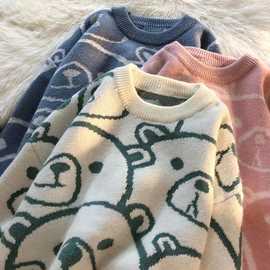 秋冬新款卡通圆领宽大显瘦毛衣女日系酒红色针织衫秋冬中性毛线衫