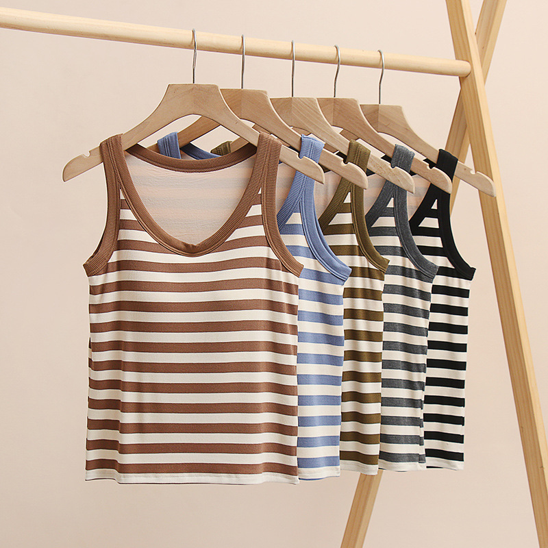 Breathable Stripesd Vest for Women in Summer with Padded Sun Protection Clothing with Inner Bra All-In-One Sleeveless Bottoming Versatile Outer Wear Short Style