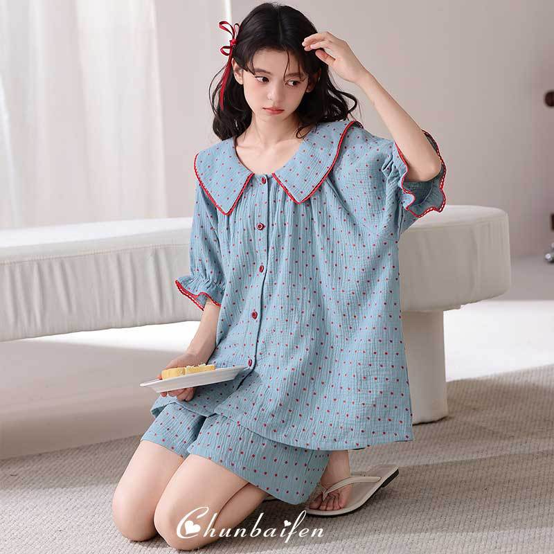 Chunbaifen Women's Summer Short-Sleeve Pajamas, Korean Style Sweet Cloud Cotton Doll Collar Loungewear Cardigan Set Chunbaifen Women's Summer Short-Sleeve Pajamas, Korean Style Sweet Cloud Cotton Doll Collar Loungewear Cardigan Set
