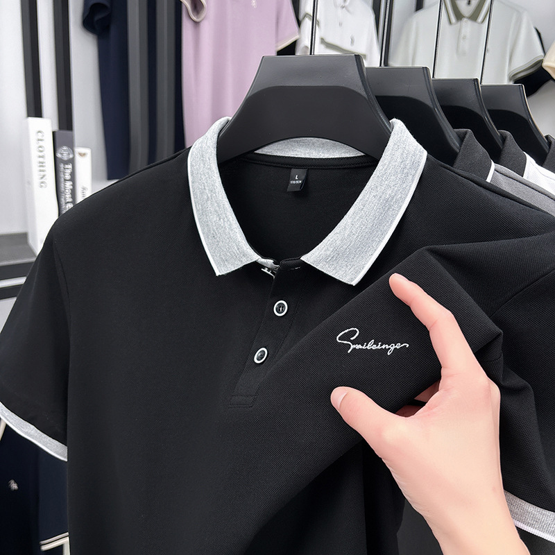 Camiseta de polo de verano de perlas frescas de hombre camiseta de manga corta de negocios de mediana edad casuales de papás con collar top bordado