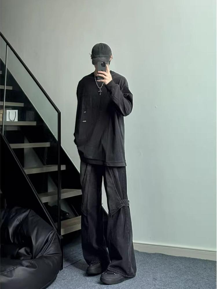 boy Black Cargo Jeans For Men, Design Sense Deconstructed Pants, European And American High Street Tall Flared Pants_voghion.com