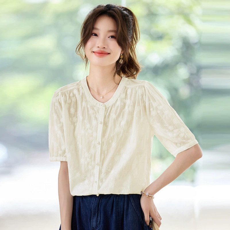 2025 новых летних вышитых рубашек с короткими рукавами для женщин, модные, повседневные, универсальные, уменьшающие возраст рубашки, рубашки из французского хлопка