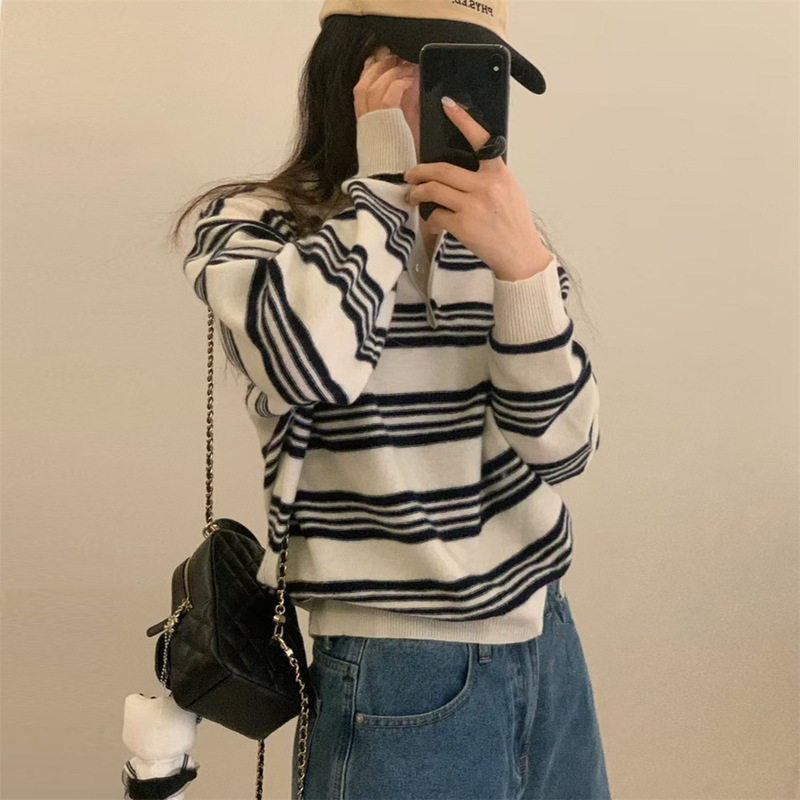 学院风拼色条纹长袖针织衫秋冬新款宽松显瘦休闲polo领套头毛衣女|undefined